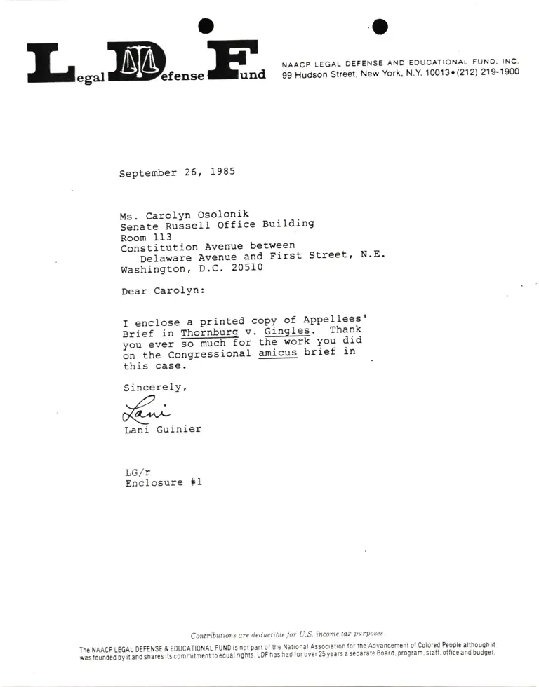 Correspondence from Lani Guinier to Carolyn Osolonik Re Thornburg v. Gingles preview