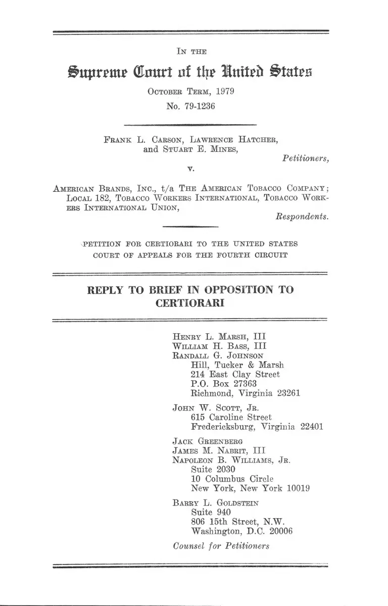 Carson v. American Brands, Inc. Reply to Brief in Opposition to Certiorari preview