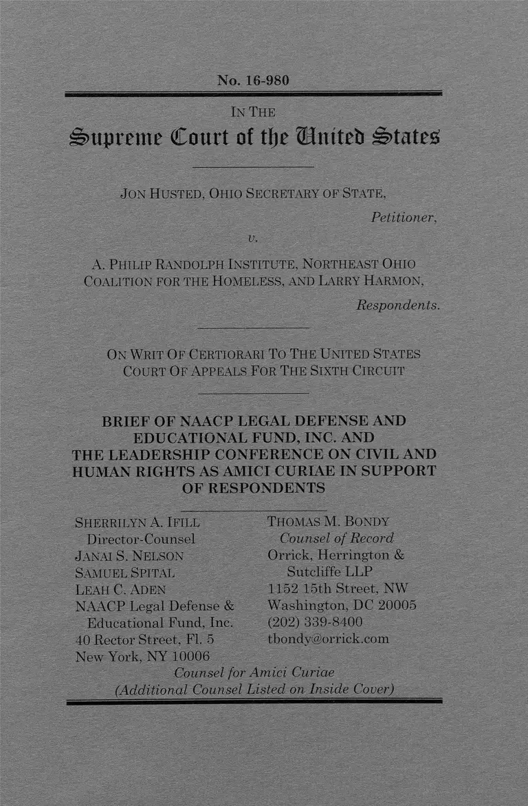 Husted v. A. Philip Randolph Institute Brief Amici Curiae in Support of Respondents preview