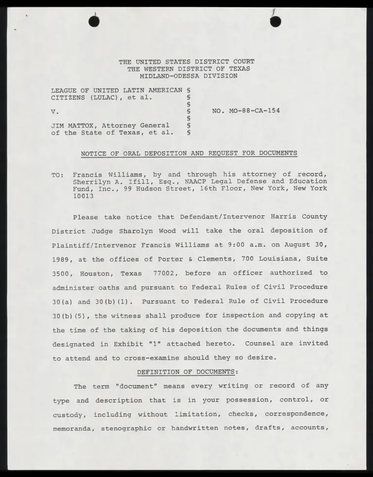 Notice of Oral Deposition and Request for Documents to Williams preview