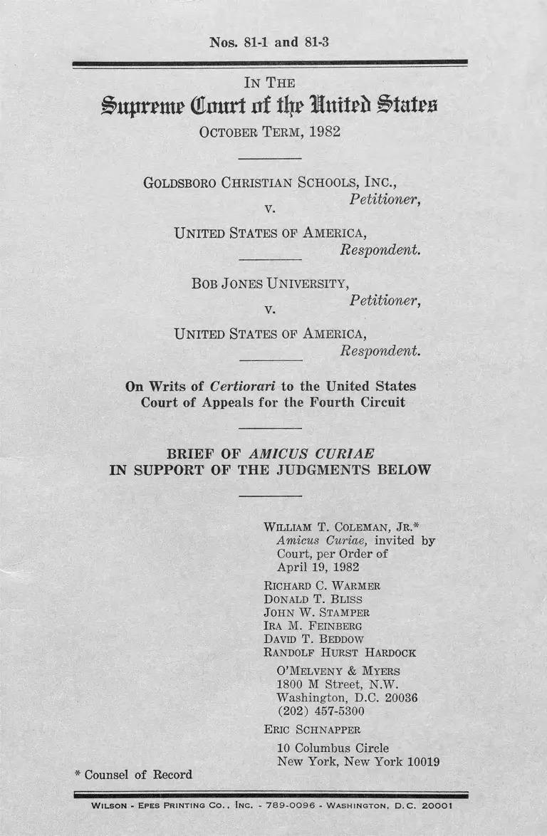 Goldsboro Christian Schools, Inc. v. United States Brief of Amicus Curiae in Support of the Judgements Below preview