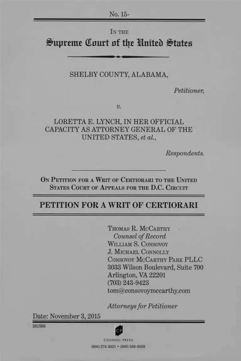 Shelby County v. Holder Petition for Writ of Certiorari preview