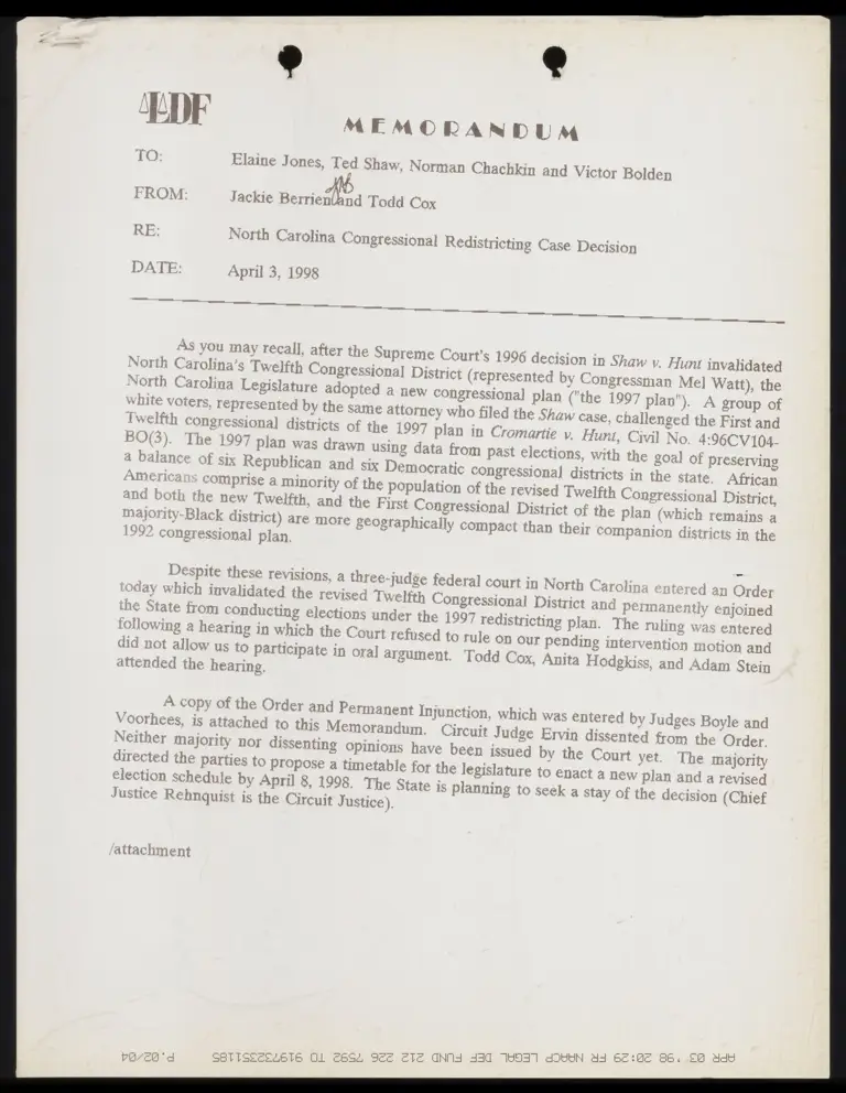 Memo from Berrien and Cox to Jones et al. Re: North Carolina Congressional Redistricting Case Decision preview