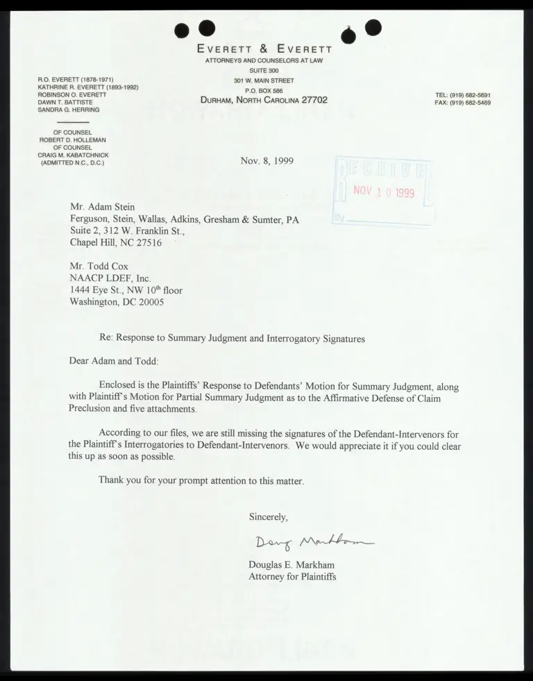 Letter from Markham to Cox and Stein RE: Response to summary judgement and interrogatory signatures preview