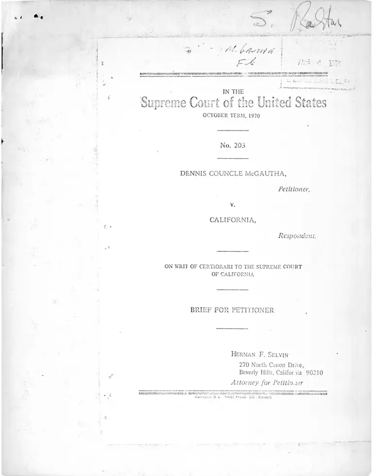McGautha v California Brief for Petitioner preview