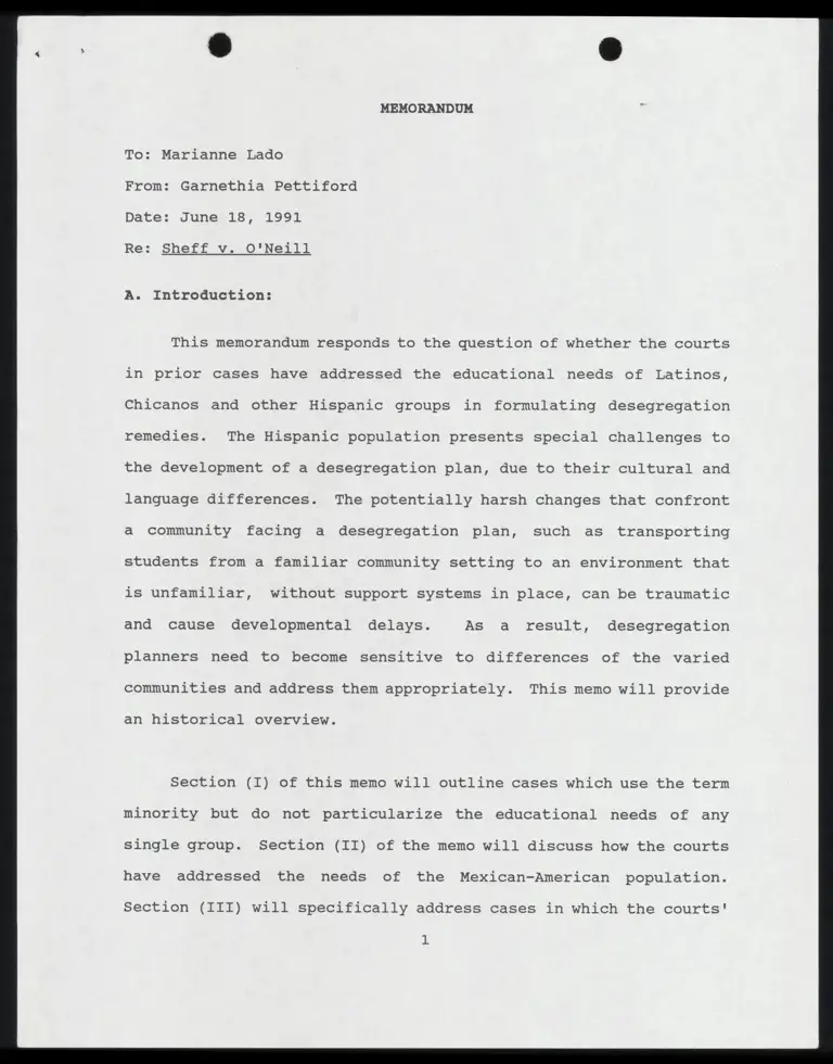 Memo from Pettiford to Lado Re: Hispanic Students preview