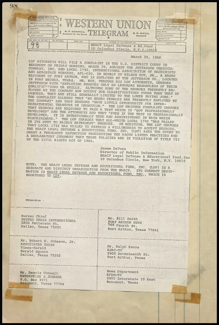 Equal Employment and Job Discrimination - Jefferson Chemical Company and Local 1792, Beaumont, Texas (Telegram) preview