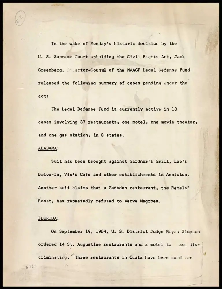 Summary of Fending Cases After Supreme Ct. Upholds Civil Rights Act; Background of Selma Litigation preview