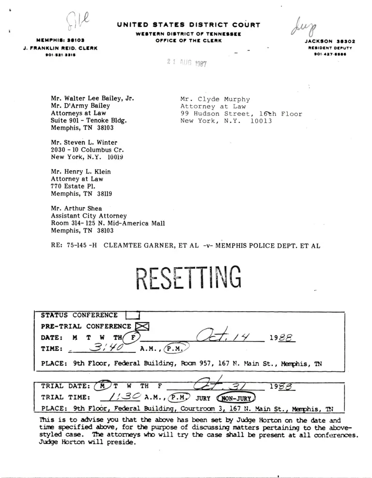 Correspondence from Clerk to Counsel Re: Resetting and Agenda of Matters preview