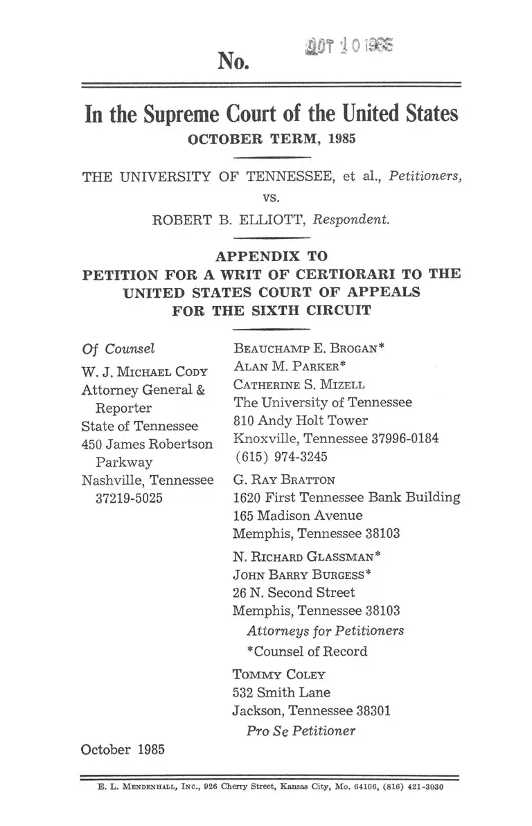University of Tennessee v. Elliott Appendix to Petition for a Writ of Certiorari preview