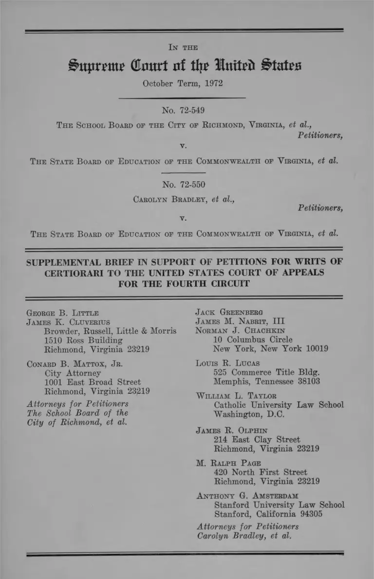 Richmond Virginia School Board v Virginia Board of Education Supplemental Brief in Support of Petitions for Writs of Certiorari preview