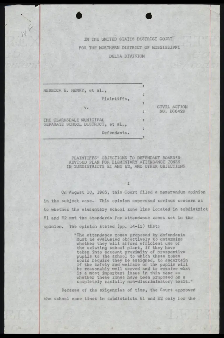 Plaintiffs' Objections to Defendant Board's Revised Plan for Elementary Attendance Zones in Subdistricts E1 and E2, and Other Objections preview