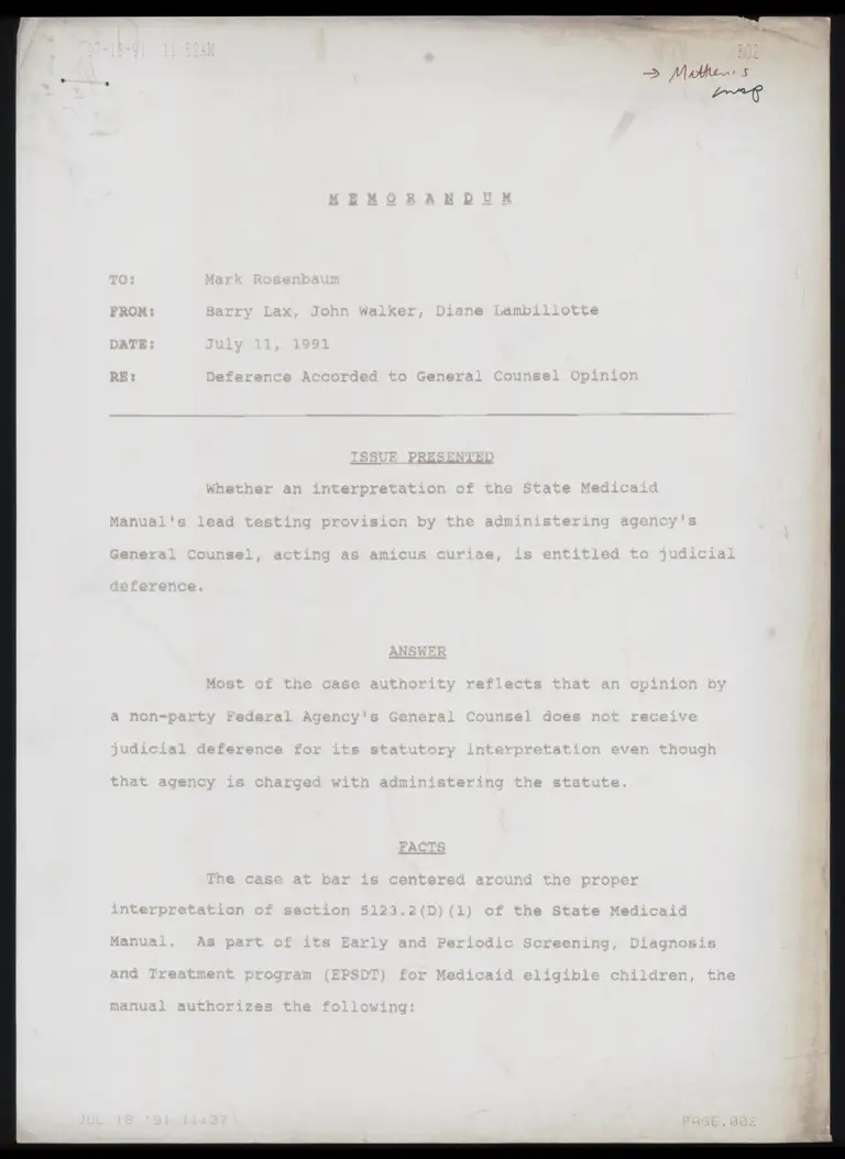 Memo from Lax, Walker, Lambillotte to Rosenbaum Re: Deference Accorded to General Counsel Opinion preview