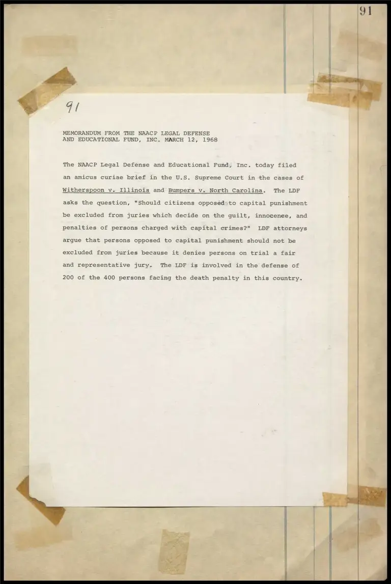 Memorandum on Exclusion of Citizens Opposed to Capital Punishment from Juries Deciding Capital Cases preview