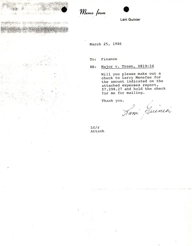 Memorandum from Lani Guinier to Finance Re Major v. Treen preview