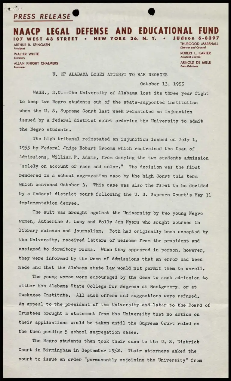 U. of Alabama Loses Attempt to Bar Negroes preview