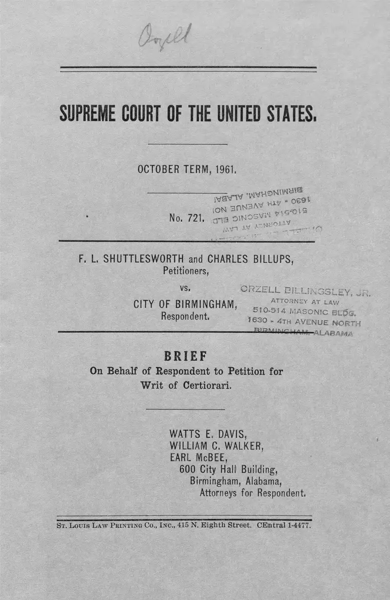 Shuttlesworth v Birmingham AL Brief for Writ of Certiorari preview