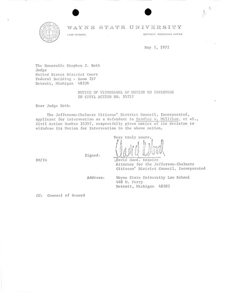 Notice of Withdrawal of Motion to Intervene from Hood to Judge Roth preview