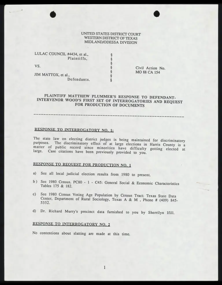 Plaintiff Plummer's Response to Defendant-Intervenor Wood's First Set of Interrogatories and Request for Production of Documents preview