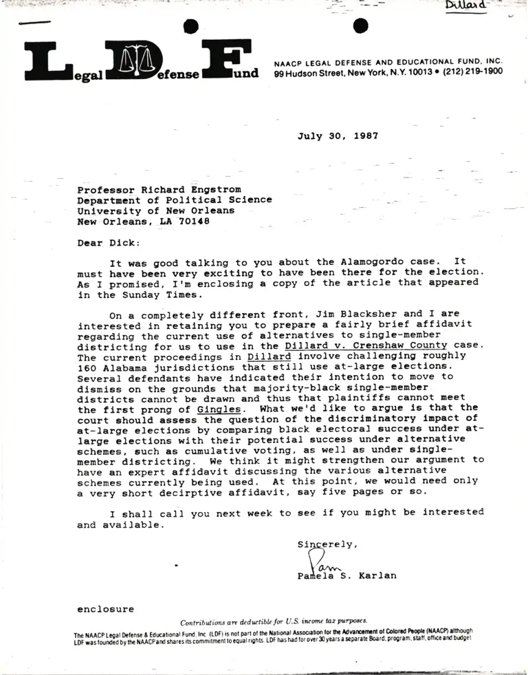 Correspondence from Pamela Karlan to Prof. Richard Engstrom preview