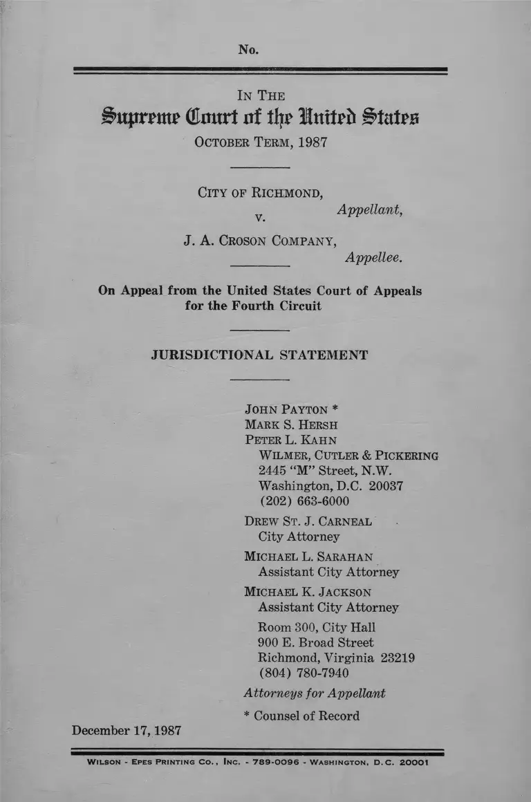 Richmond v JA Croson Company Jurisdictional Statement preview