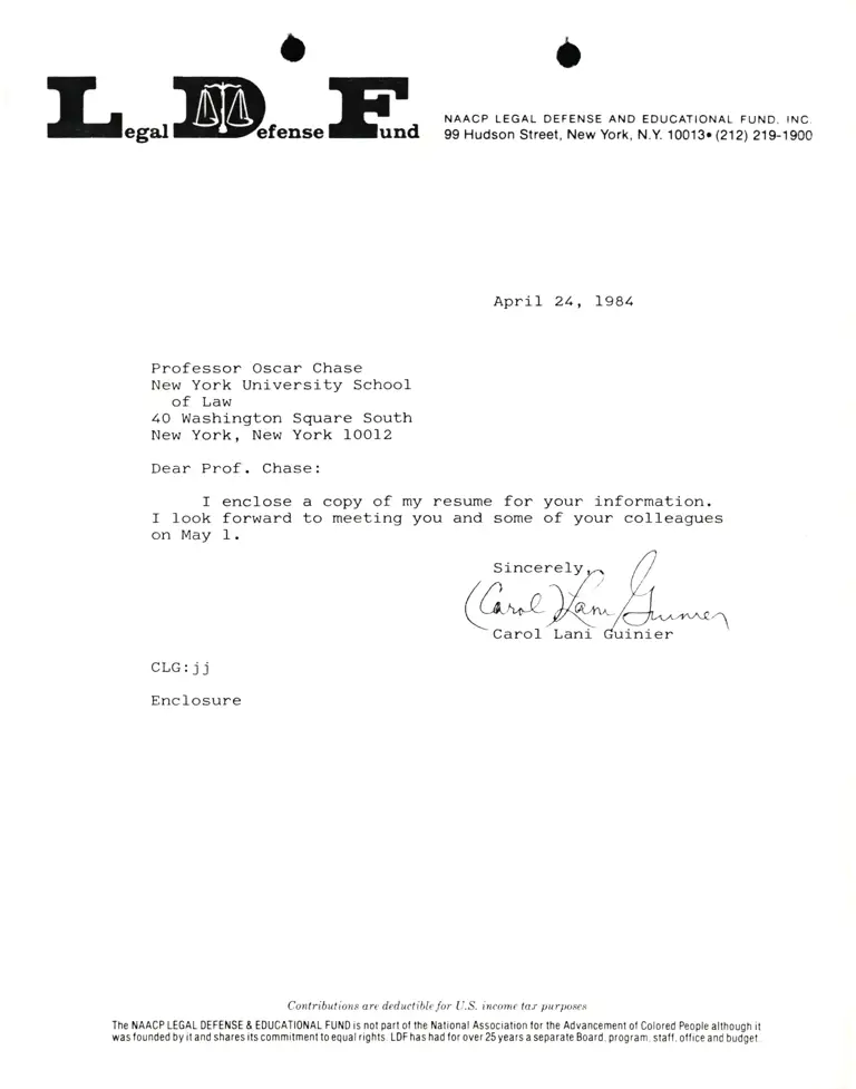 Letter from Lani Guinier to Professor Oscar Chase preview