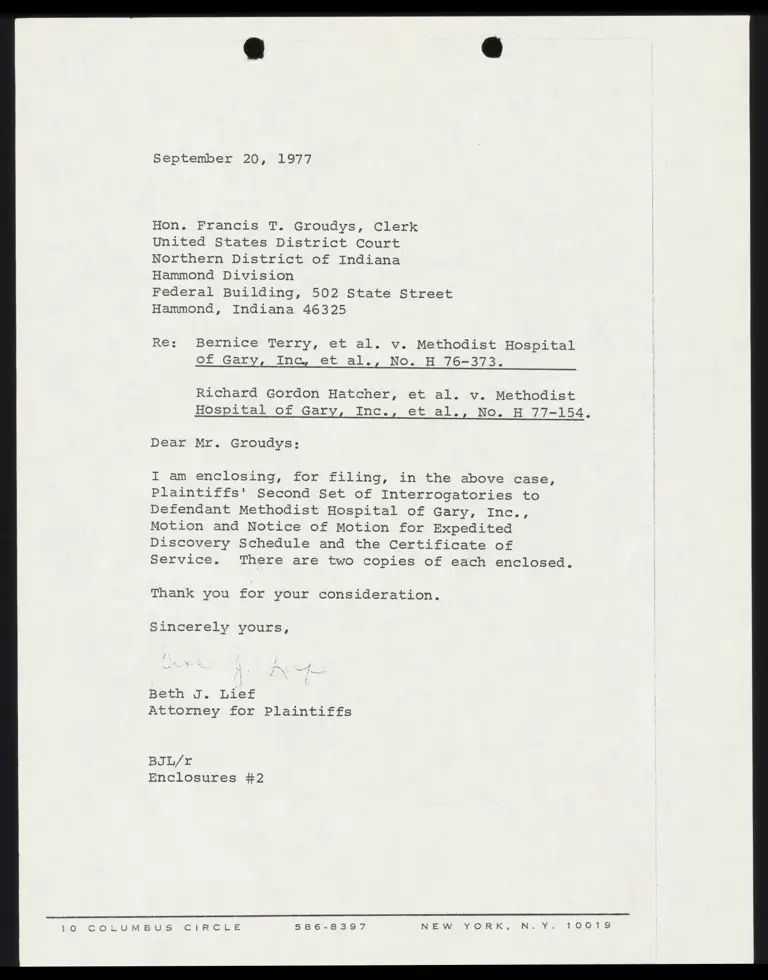 Correspondence from Lief to Clerk Re: Second Set of Interrogatories to Defendant preview