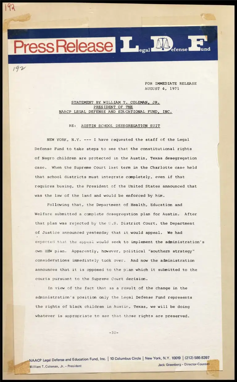 Statement by William T. Coleman, Jr. Re: Austin School Desegregation Suit preview