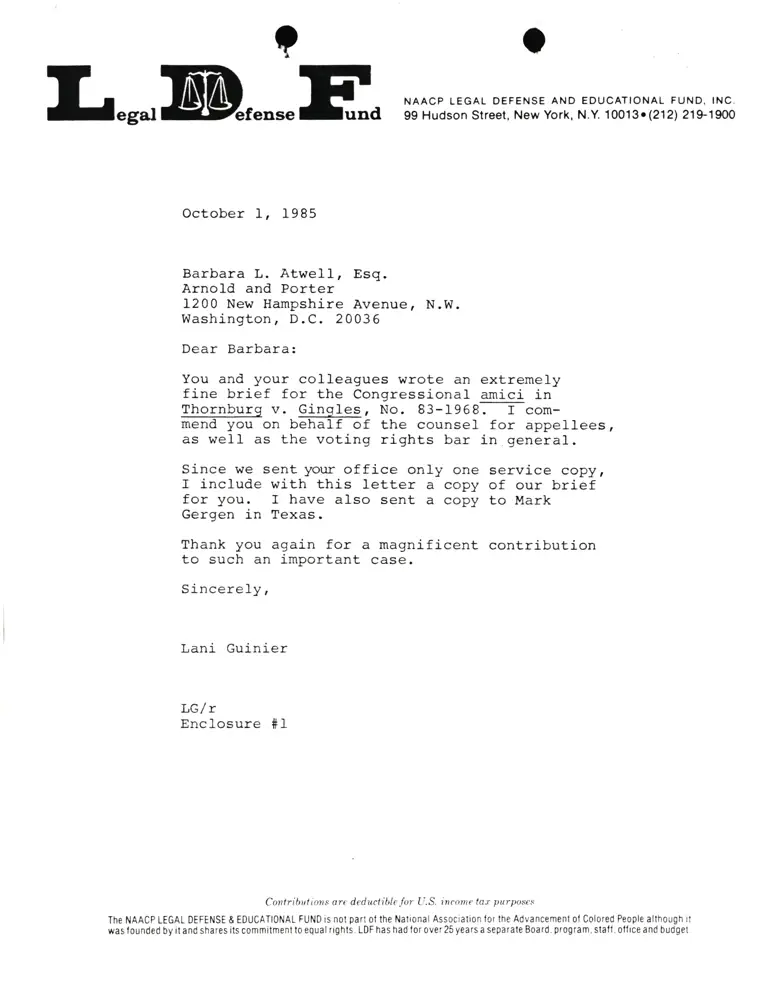 Correspondence from Lani Guinier to Barbara L. Atwell, Esq. Re Thornburg v. Gingles preview