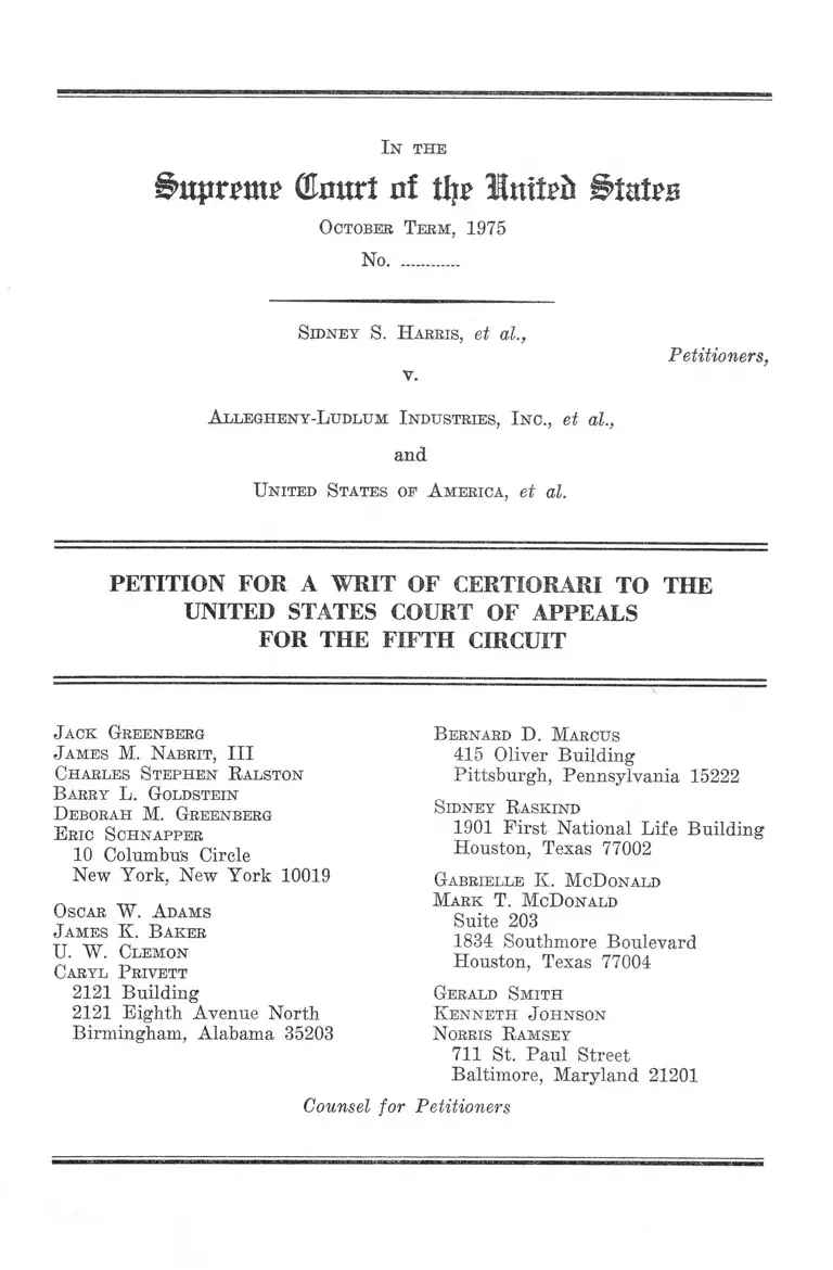 Harris v. Allegheny-Ludlum Industries Petition for a Writ of Certiorari to the US Court of Appeals for the Fifth Circuit preview