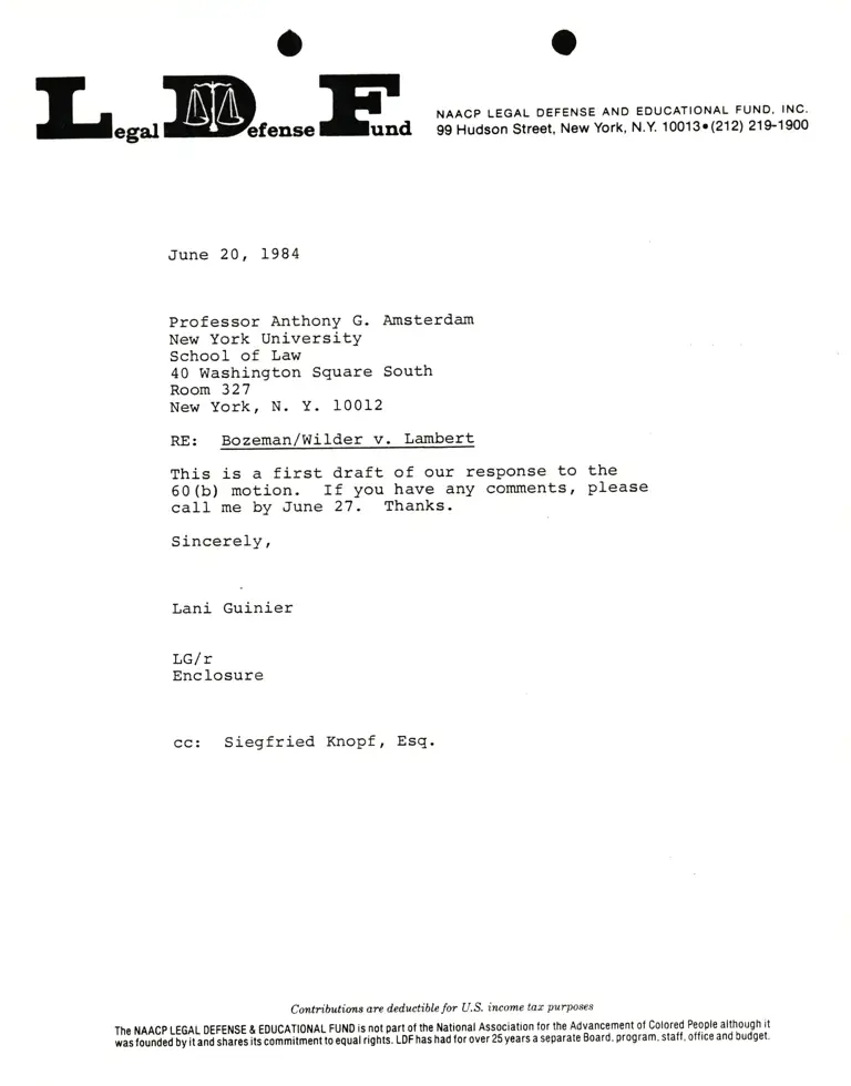 Letter from Lani Guinier to Professor Anthony G. Amsterdam RE: Bozeman/Wilder v. Lambert preview