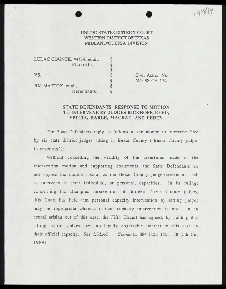 State Defendants' Response to Motion to Intervene by Judges Rickhoff, Reed, Specia, Harle, Macrae, and Peden preview