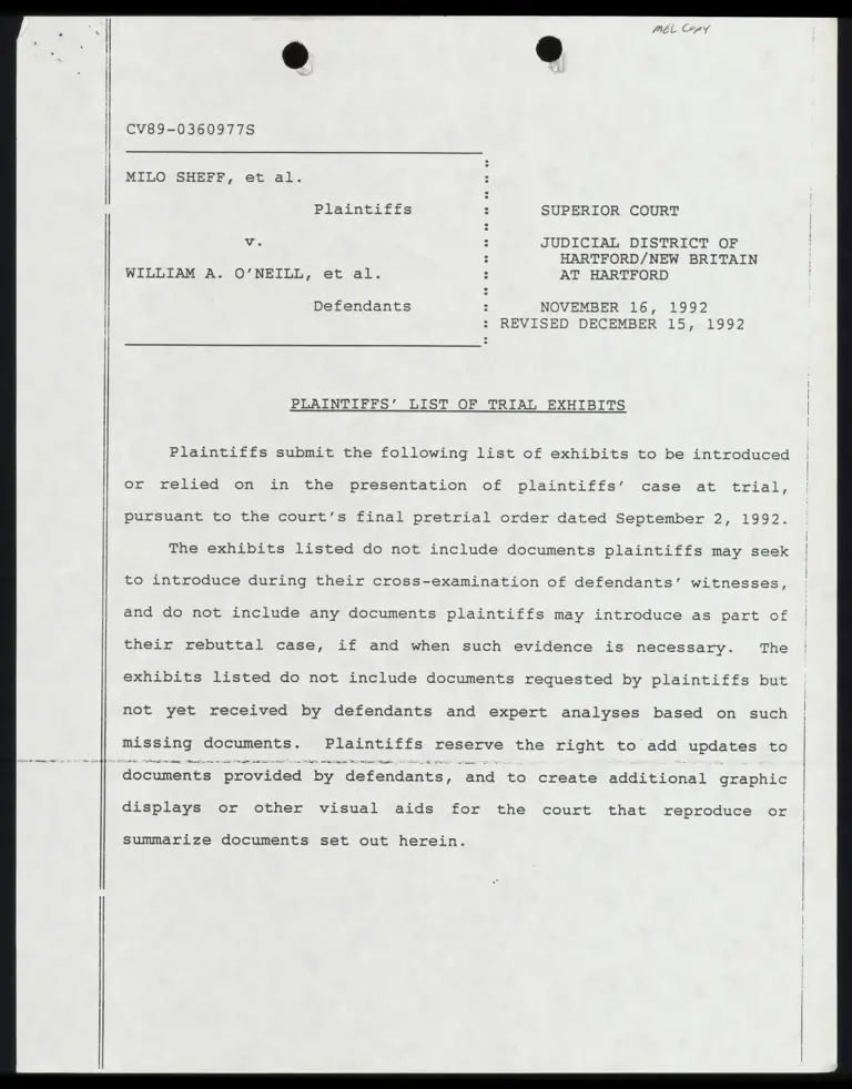 Plaintiffs' List of Trial Exhibits preview