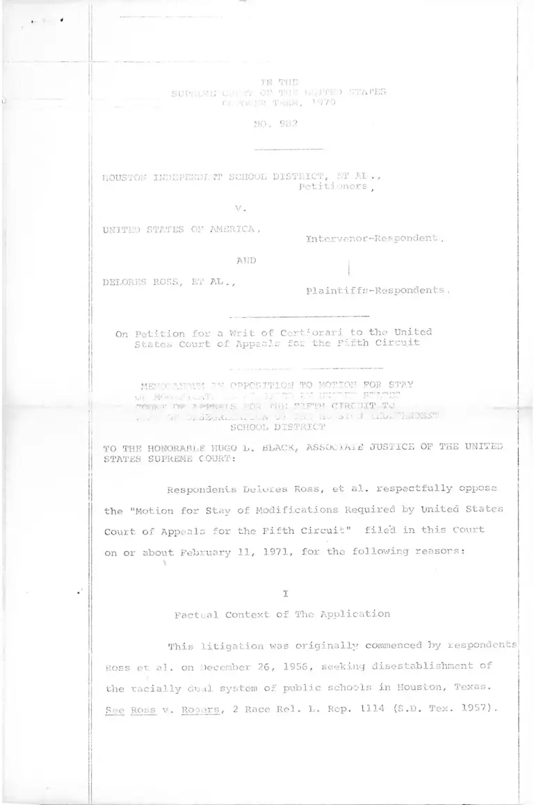 Houston Independent School District v. U.S. Memo in Opposition to Motion for Stay preview