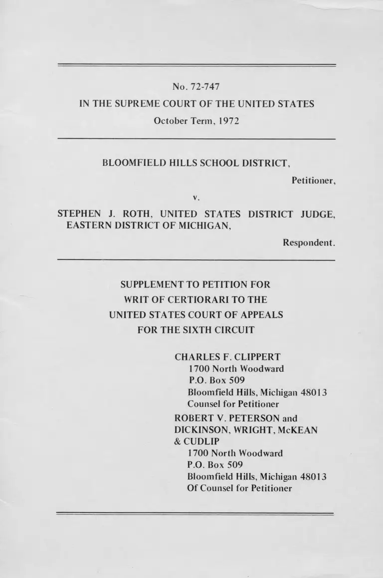 Supplement for Petition for Writ of Certiorari with Appendix preview