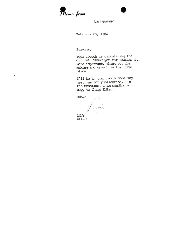 Letter from Lani Guinier to Suzanne Lynn Re: Speech preview