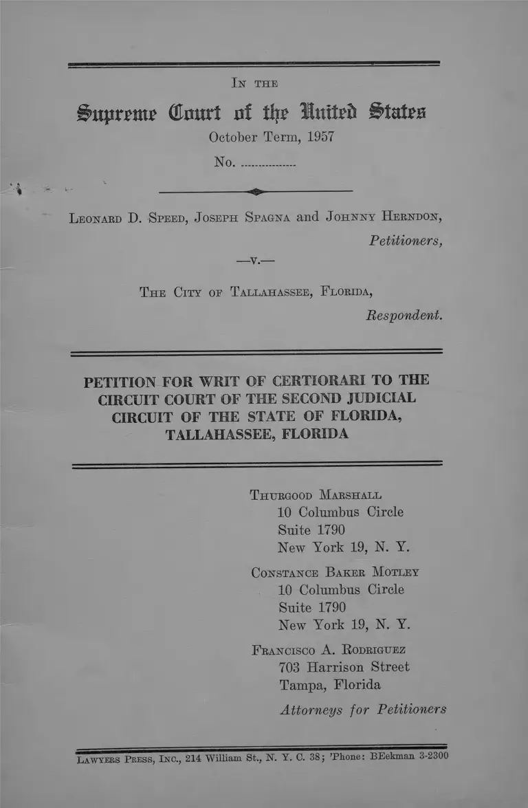 Speed v Tallahassee FL Petition for Writ of Certiorari preview