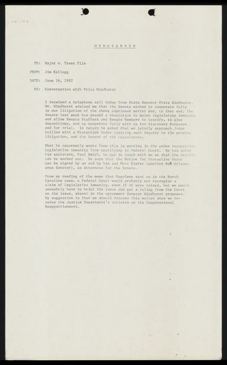 Memo from Kellogg to Major v. Treen File Re Conversation with Fritz Windhorst; Louisiana Senate Resolution No. 14 preview