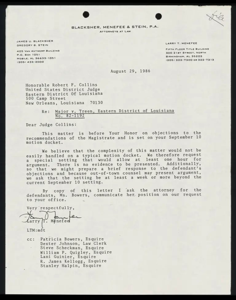 Correspondence from Menefee to Collins (Judge) preview