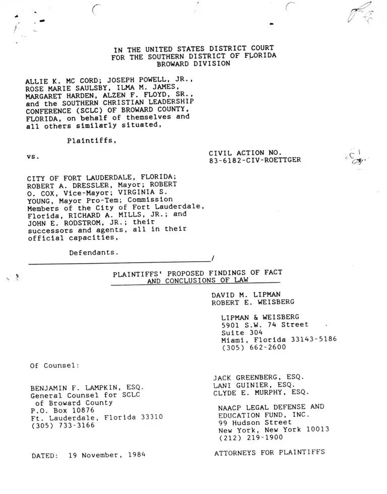 McCord v. City of Fort Lauderdale, Florida Plaintiffs Proposed Findings of Fact and Conclusions of Law preview