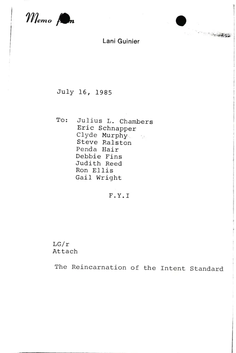 Memorandum from Lani Guinier to Chambers, Schnapper, Murphy, Ralston, Hair, Fins, Reed, Ellis, and Wright preview