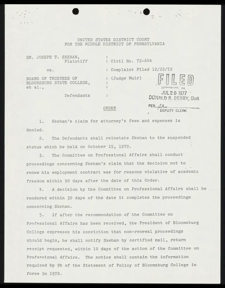 Skehan v. Board of Trustees of Bloomsburg State College Order preview