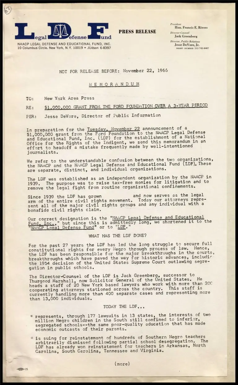 Memorandum on $1,000,000 Grant from the Ford Foundation Over a 3-Year Period preview