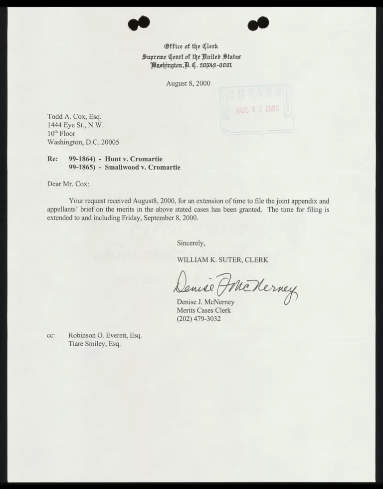 Correspondence from Clerk to Cox Re: Extension of Filing Time preview