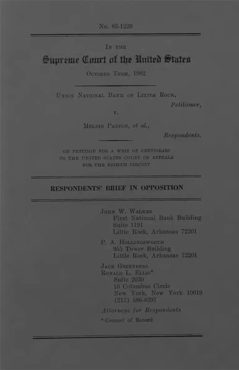 Union National Bank of Little Rock v. Paxton Respondents' Brief in Opposition preview
