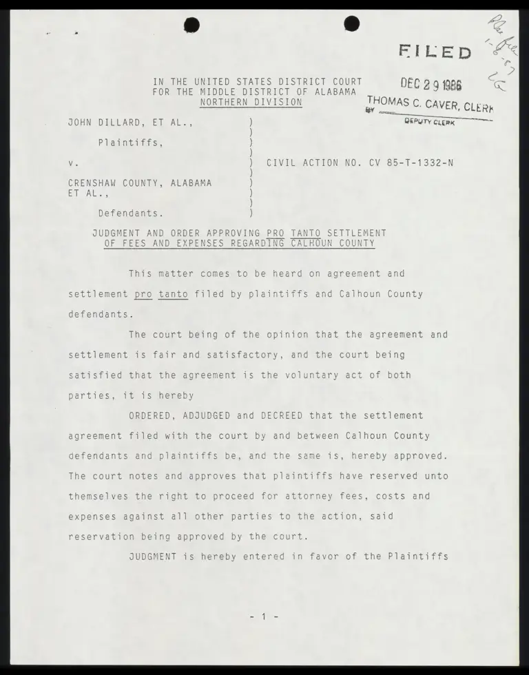 Judgment and Order Approving Pro Tanto Settlement of Fees and Expenses Re Calhoun County preview