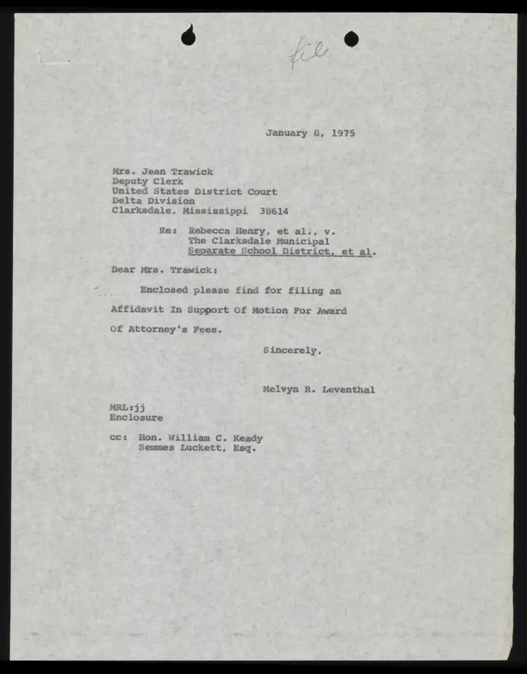 Correspondence from Leventhal to Clerk Re: Affidavit in Support of Motion for Award of Attorney's Fees preview