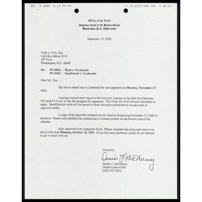 Letter to Cox from Court RE: Oral Argument Schedule and Argument Form preview