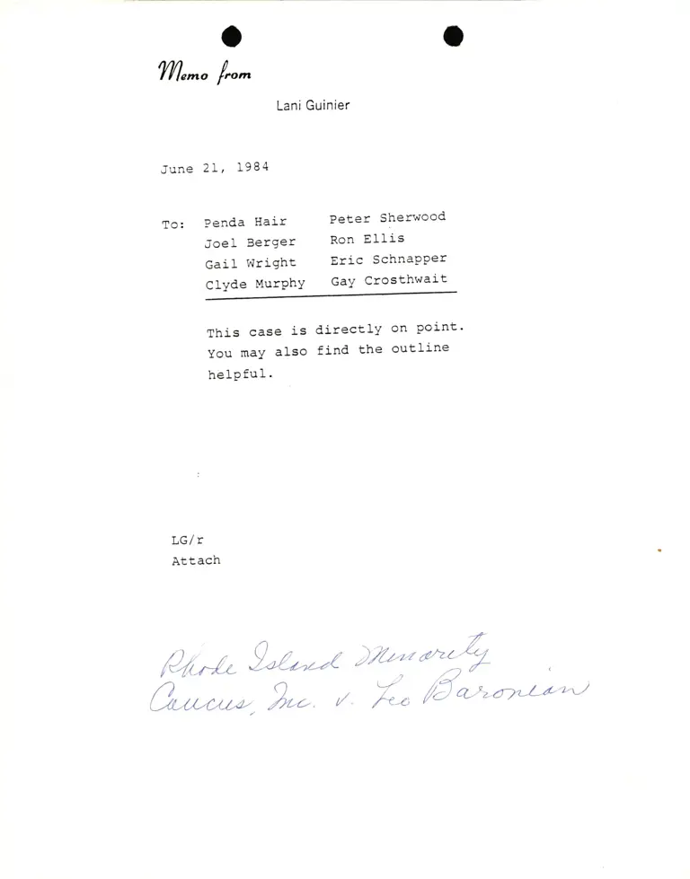 Memo from Lani Guinier RE: Rhode Island Minority Caucus, Inc. v. Leo Baronian preview
