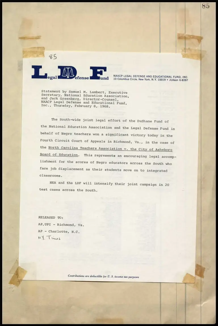 Statement by Lambert (NEA) and Greenberg on Displacement of Negro Teachers by School Integration (Asheboro, N.C.) preview